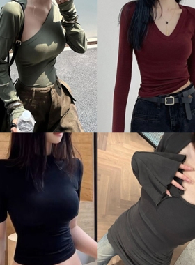 春夏新款四季百搭气质休闲个性T恤修身显瘦套头上衣优雅紧身打底