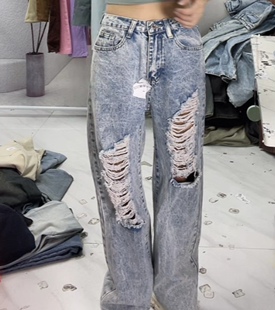 水洗破洞阔腿牛仔裤女款美式高街vibe裤子潮牌痞帅炸街老爹乞丐裤