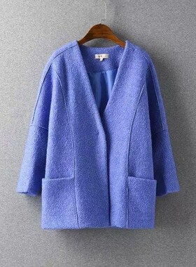 外单秋冬紫色圈圈毛呢老钱风毛呢大衣外套大衣宽松大衣外套毛呢