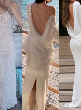 2026年新款白色镂空法式优雅修身吊带镂空气质连衣裙时尚弹力长裙