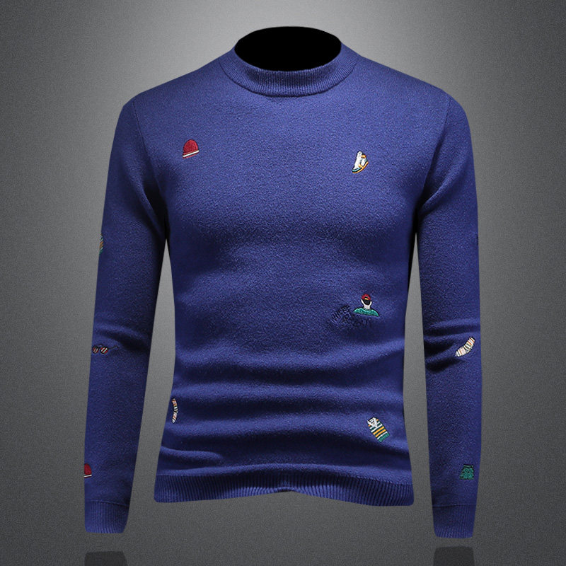 2026年新款冬季圆领毛衣加厚绣花毛衣MY2169-P125镂空蓝色，男装针织衫/毛衣，钱塘6016-1(原3019)