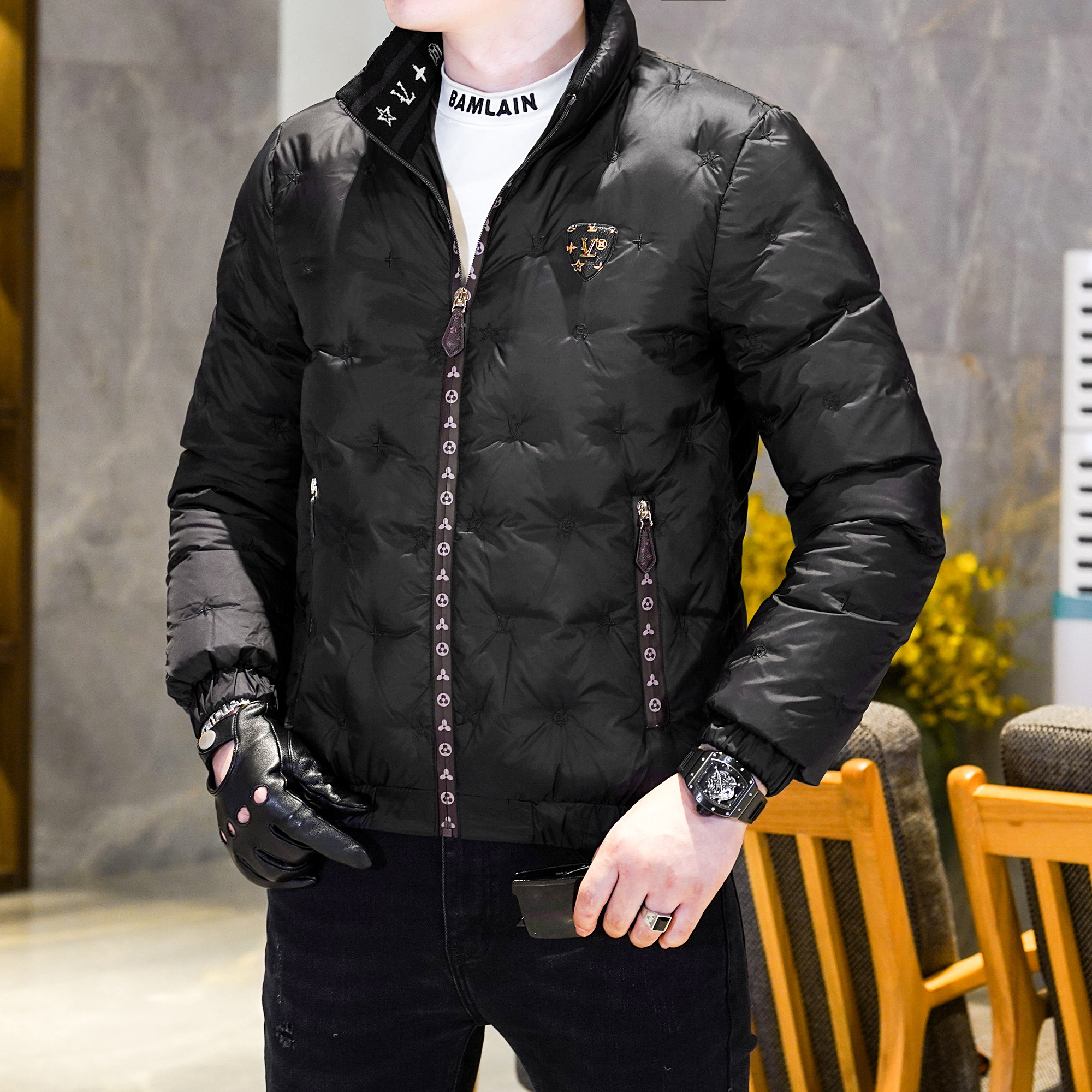 Y9508P2902024高端冬季90%白鸭绒亮面立领羽绒服镂空320,男装羽绒服,钱塘6016-1(原3019)