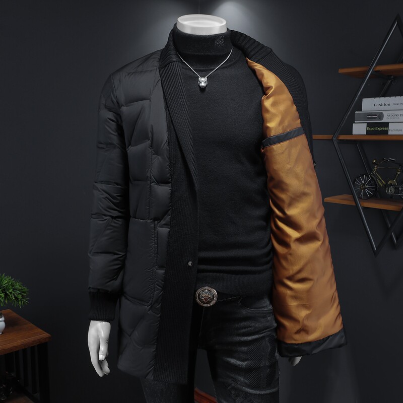 Y9582P3602026冬季90%白鸭绒暗纹针织领中长款羽绒服假模控405,男装羽绒服,钱塘6016-1(原3019)