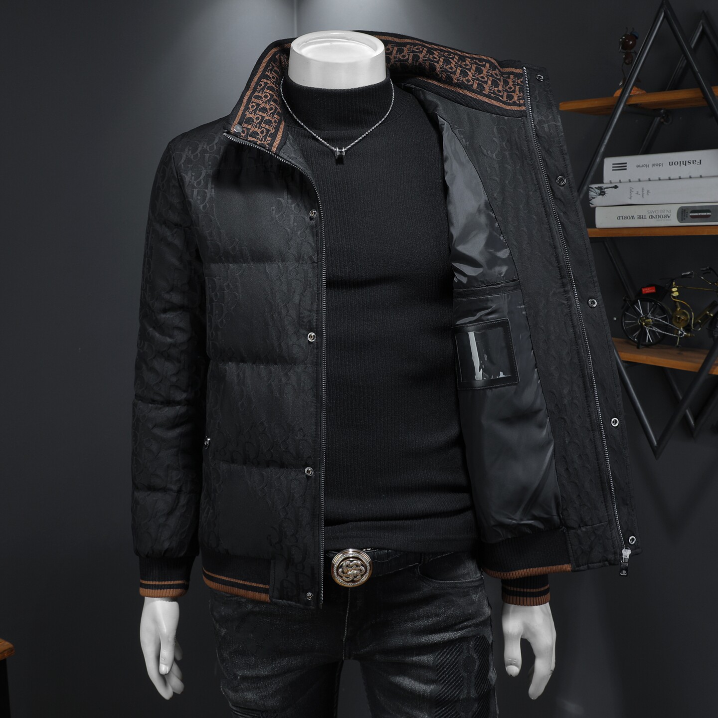 Y2501P3552025高端冬季90%白鸭绒立领提花羽绒服假模395,男装羽绒服,钱塘6016-1(原3019)