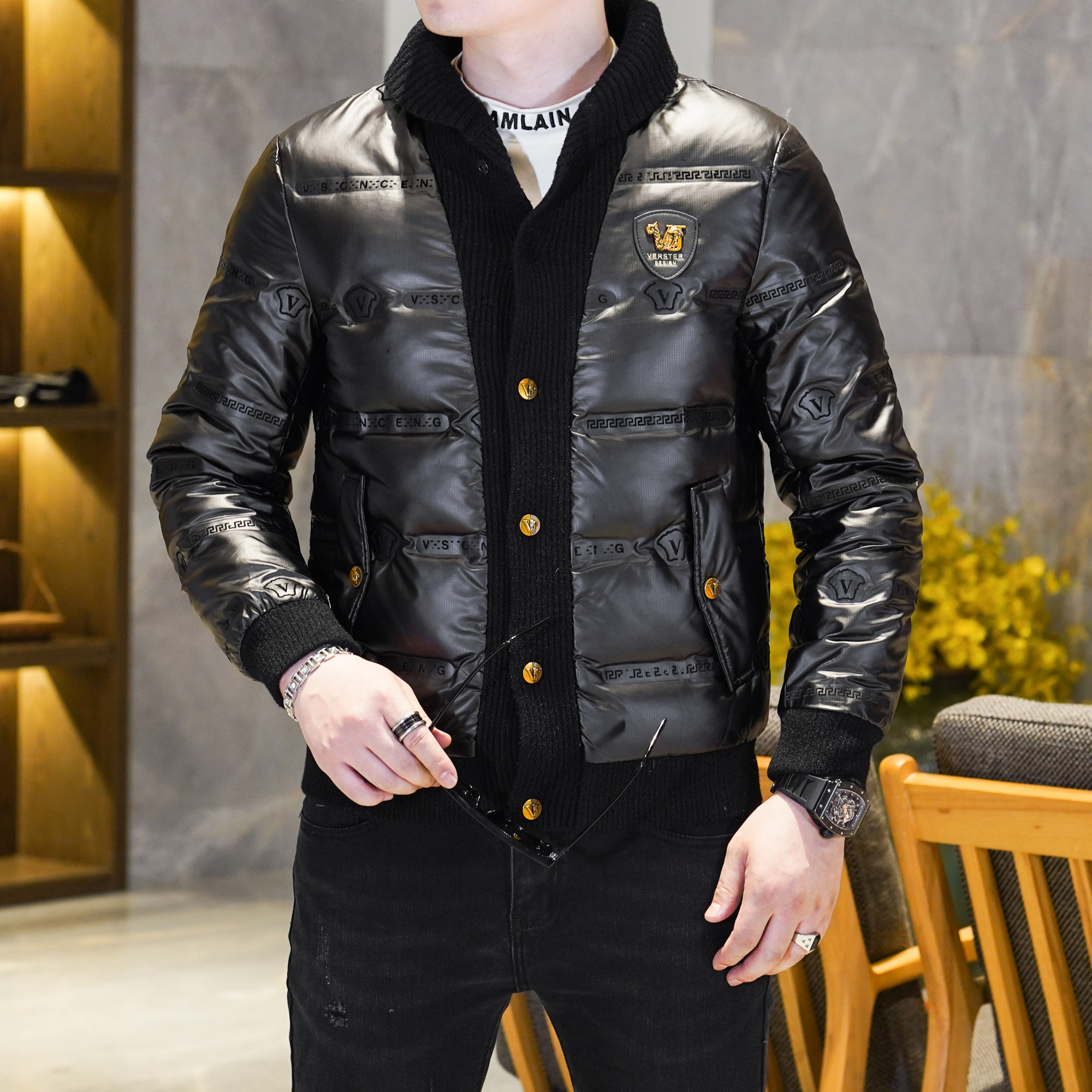 Y9879P2852025高端冬季90%白鸭绒亮面翻领羽绒服真模黑色,男装羽绒服,钱塘6016-1(原3019)