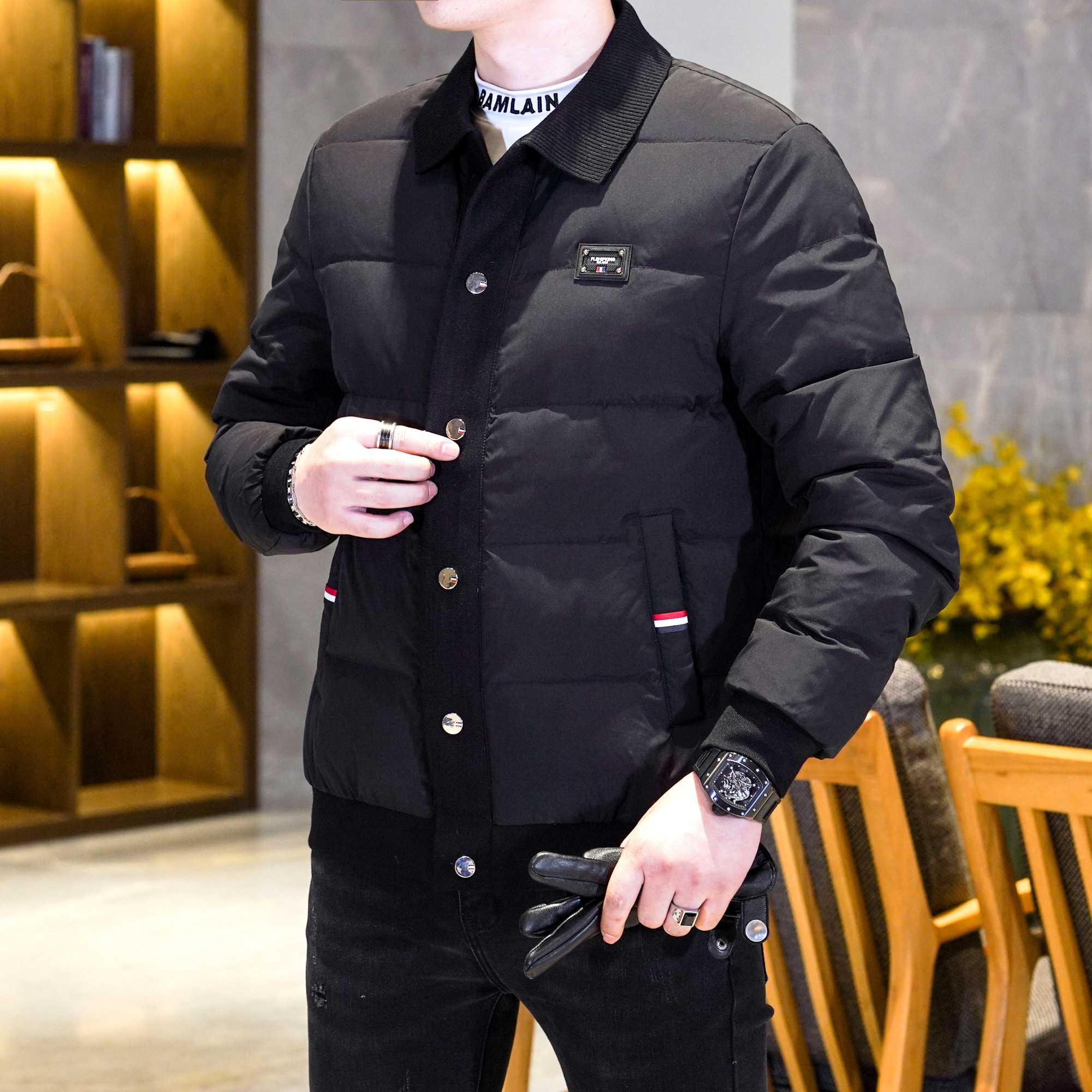 Y6111P2852024高端冬季90%白鸭绒针织领翻领羽绒服真模黑色,男装羽绒服,钱塘6016-1(原3019)