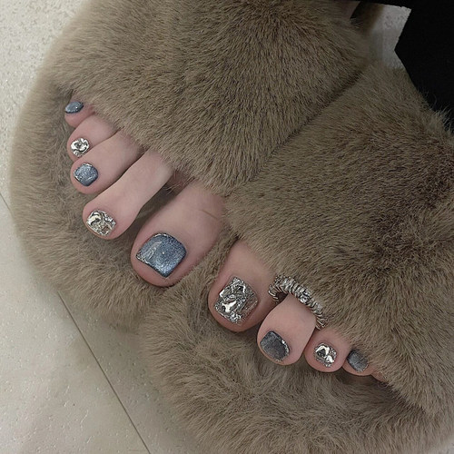 淳贵人假脚指甲贴片 气质蓝色猫眼闪粉镶钻美甲 纯手工脚趾穿戴甲