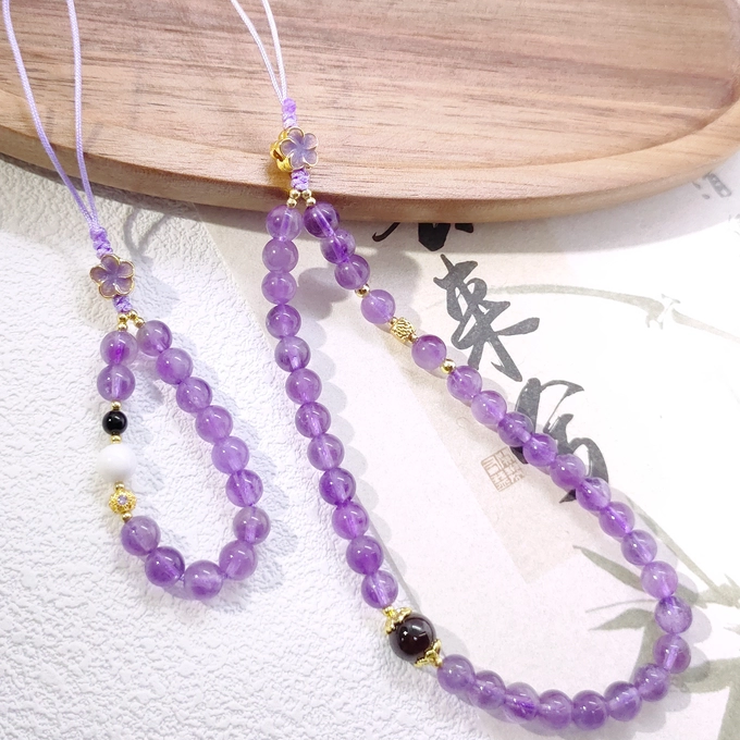 天然暮山紫水晶手机链挂手环手腕款原创手工串珠情侣闺蜜生日送礼