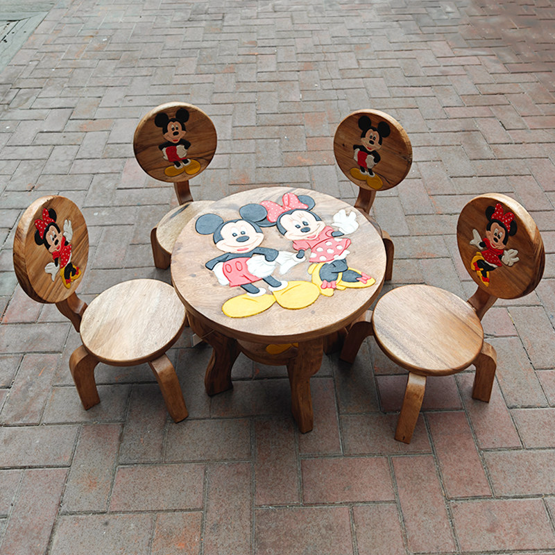 泰国实木手工彩绘雕刻儿童卡通桌小板凳创意可爱家用学习桌小桌子