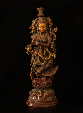 印度奎师那精雕铜像 Krishna玄关客厅瑜伽馆手工铜雕艺术装饰摆件
