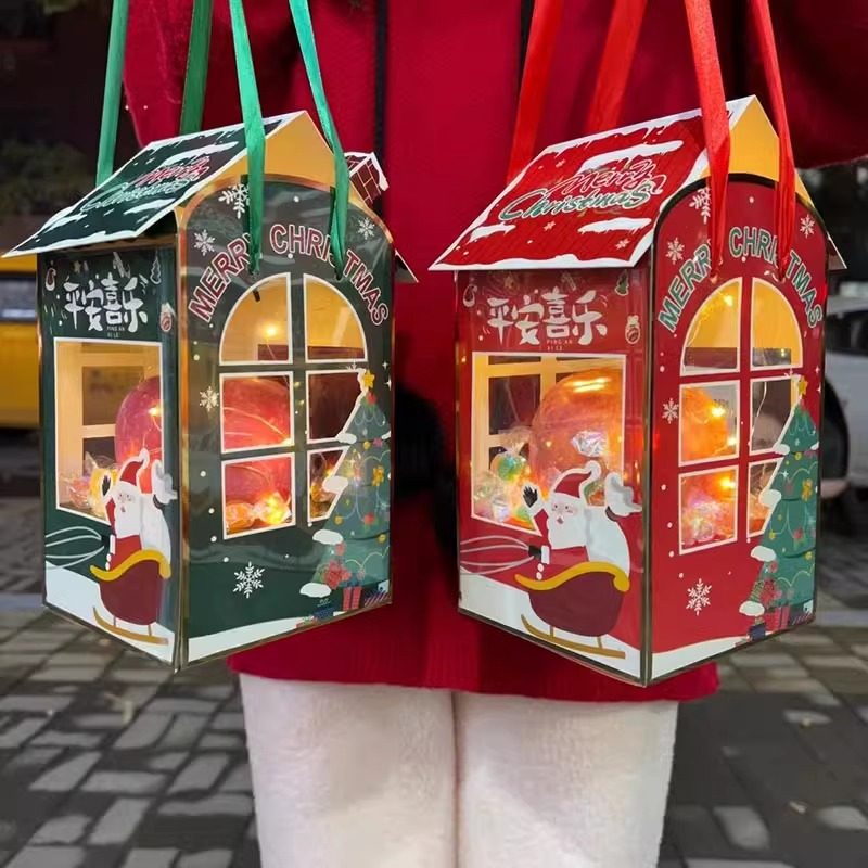 圣诞小屋折叠苹果盒手拎礼物袋平安夜儿童手提糖果袋礼品包装盒子