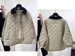 【棉服 外套】巴恩风秋冬时尚拼接翻领菱形格保暖短款棉服外套