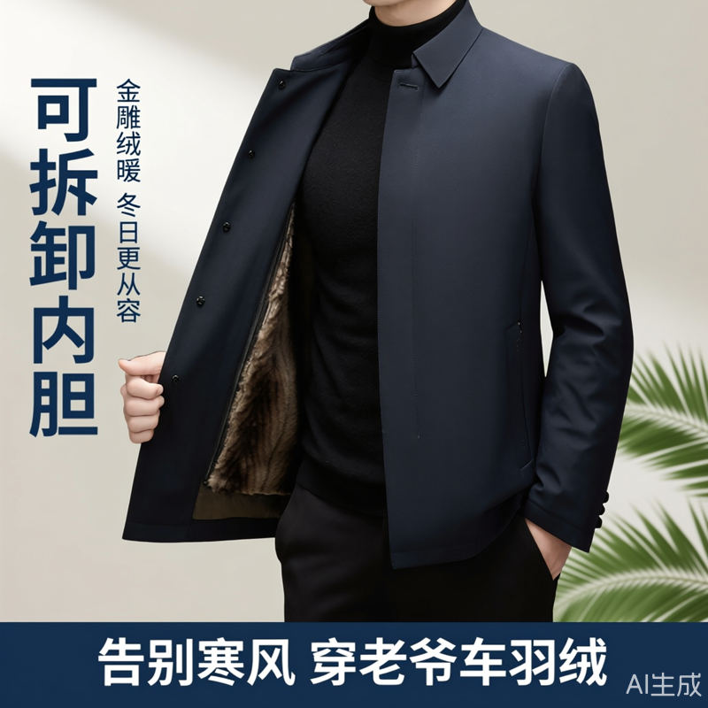 老爷车金雕绒可拆卸内胆冬季羽绒服男士中老年加绒加厚保暖外套