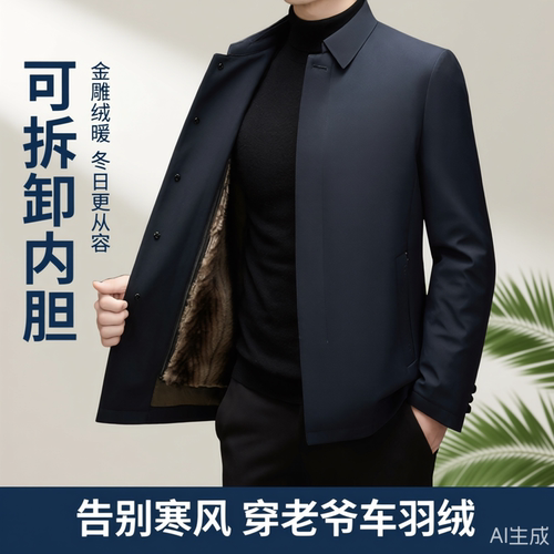 老爷车金雕绒可拆卸内胆冬季羽绒服男士中老年加绒加厚保暖外套