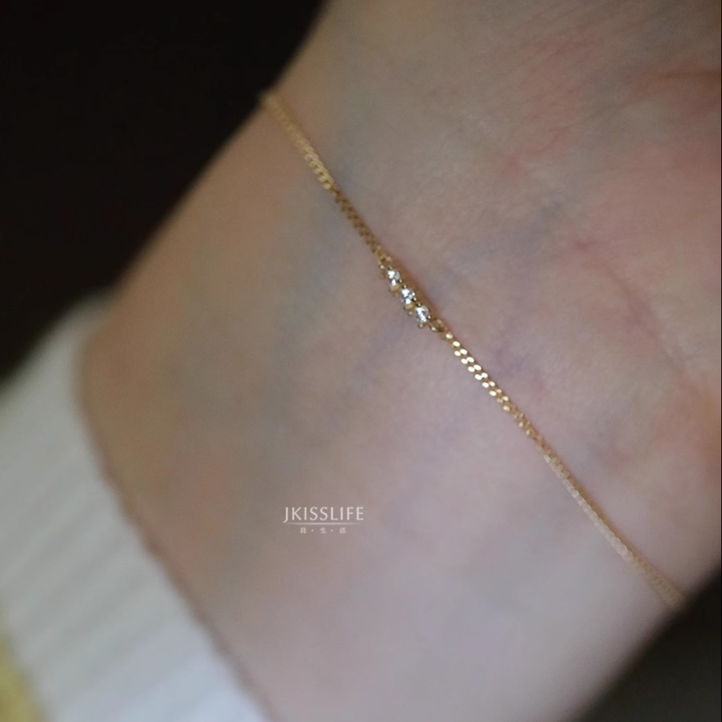 14K黄金 细闪星河 三粒钻微镶嵌极细手链 日系极细简约K金 礼物