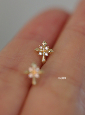 9K黄金 十字星光 精致氛围感微镶十字架造型别致K金耳钉 日常通勤