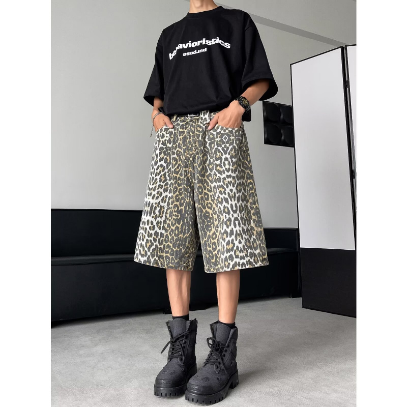 跨境夏季新款美式复古豹纹牛仔短