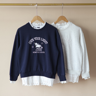 26年春装 女大童假两件花边领子下摆拼接甜美卫衣上衣宽松3057 新款