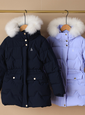 2025冬新款~女童中长款收腰款羽绒服大毛领三防面料外套85%鸭绒