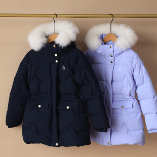 2025冬新款~女童中长款收腰款羽绒服大毛领三防面料外套85%鸭绒