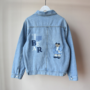 春秋款 蓝色水洗面料纯棉小熊字母刺绣牛仔外套1068 女大童款