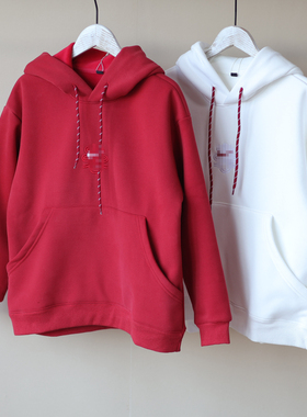 新年款~男女中大童加厚奥利绒一体绒连帽卫衣红色白色毛衫