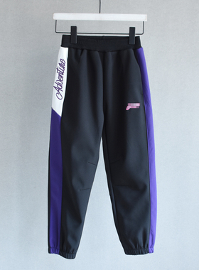 Qing仓~冬装女中大童防风防水面料黑色一体绒束脚休闲裤拼接刺绣