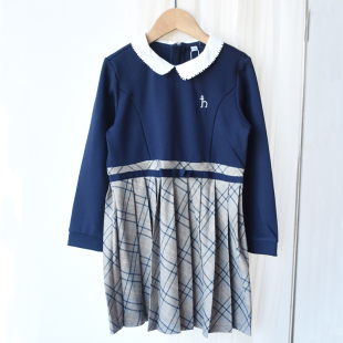 连衣裙裙子 学院风英伦格子小狗中大童翻领拼接款 Qing仓 春秋款