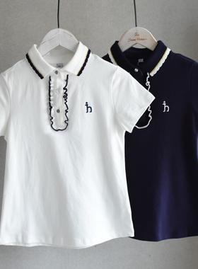 夏装~女童中大童网眼棉翻领木耳花边蓝色白色学院风polo衫短袖862