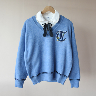 Te价款 毛衣 秋冬女中大童可亲子学院风V领蓝色羊毛混纺针织衫