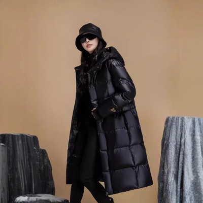 黑金鹅绒服高端加厚加长款情侣装男女同款秋冬保暖过膝连帽羽绒服