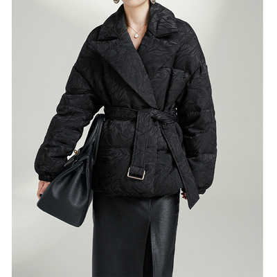 花暗纹高端鹅绒服 收腰白鹅绒短款平湖羽绒服女款高端女装黑色