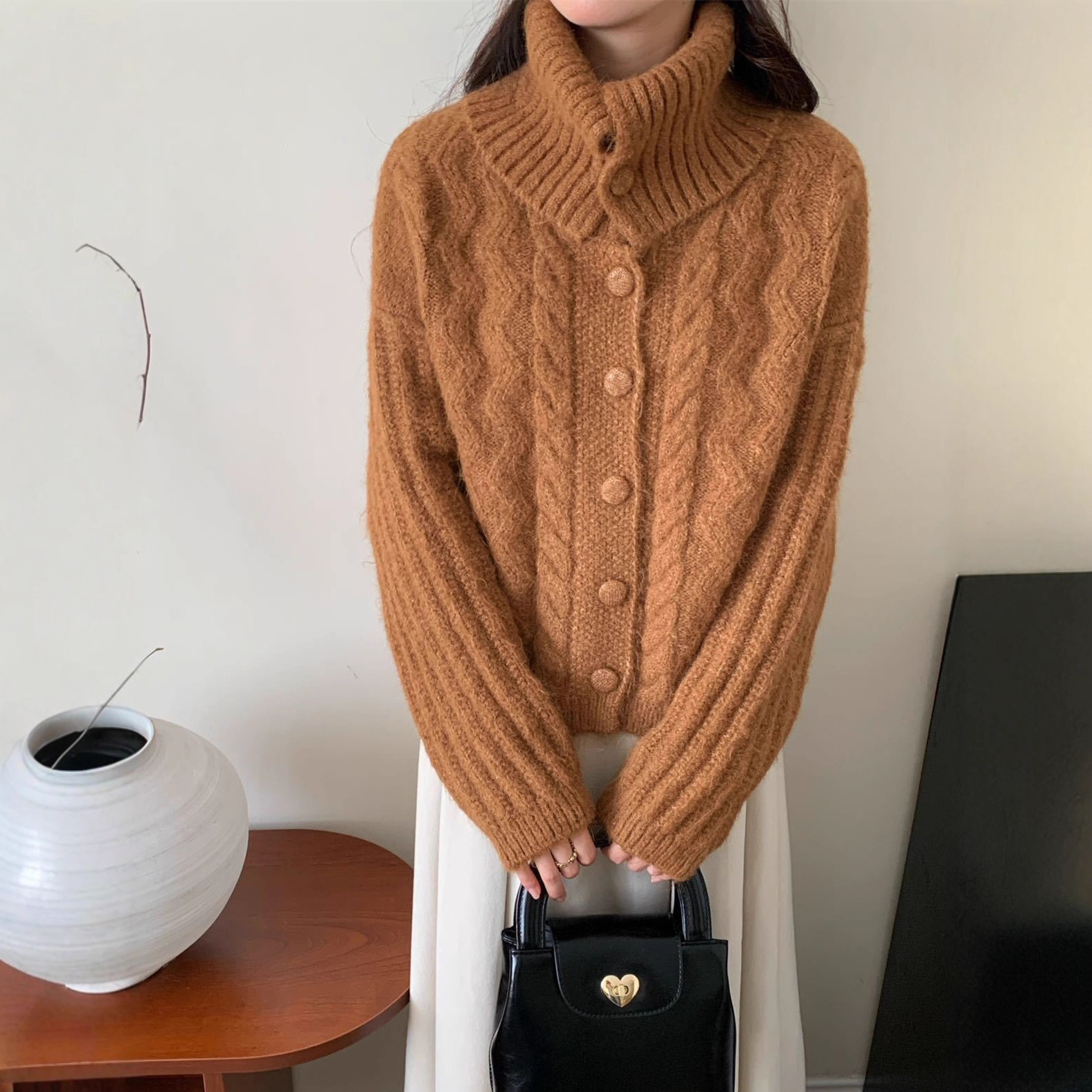 韩国chic复古高领麻花毛衣外套女秋冬季新款宽松慵懒风针织开衫厚