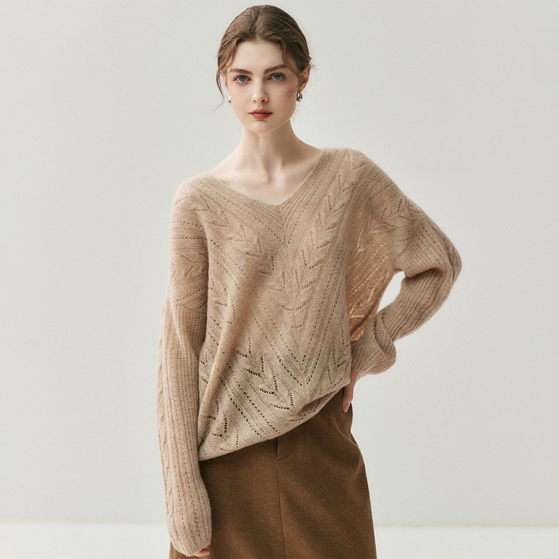 V领宽松落肩款纯色女山羊绒针织打底衫修身百搭软糯亲肤上衣毛衣