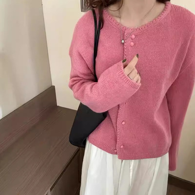 设计感双扣花边软糯毛衣开衫女宽松秋季温柔马海毛针织衫上衣外套