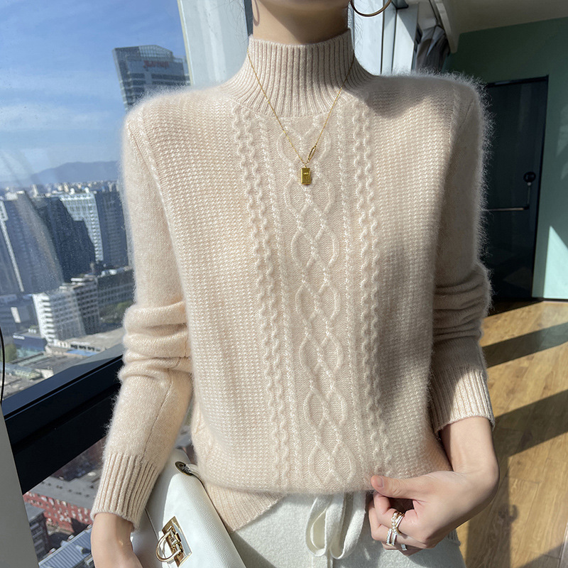 山羊绒麻花半高领套头针织衫女毛衣加厚秋冬新款羊绒打底针织衫女