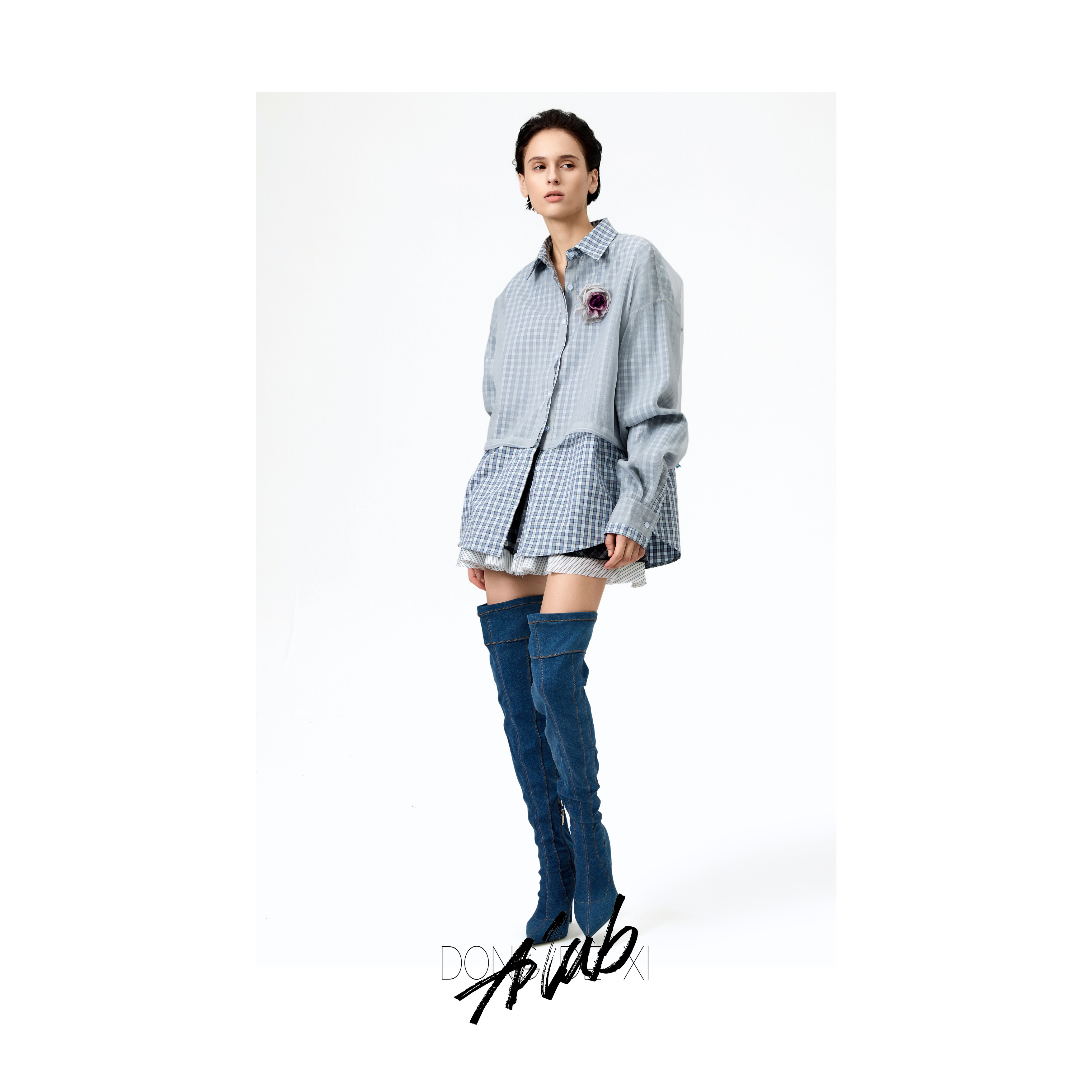 ALAB 明星同款宽松时尚拼接假两件格子合体风衣衬衫