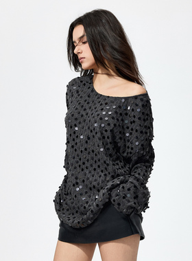 长袖亮片针织衫女秋冬叠穿斜肩内搭上衣设计感小众慵懒风