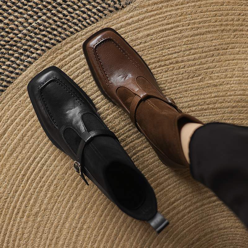 4.5cm~巨舒服~新款真皮短靴女春秋单靴方头弹力瘦瘦靴粗跟袜子靴