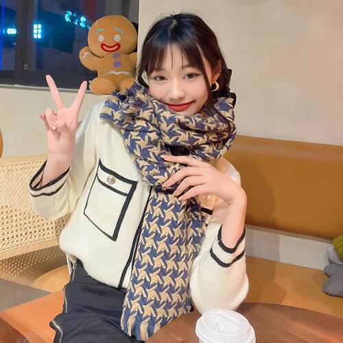 千鸟格子围巾女秋冬季韩版百搭长款加厚保暖仿羊毛绒流苏针织围脖