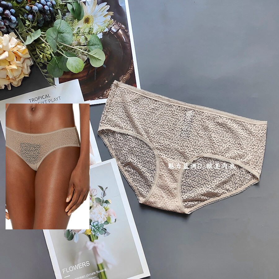 三95-155斤美式DK*Y浅卡其镂空蕾丝内裤性感中腰女宽边包臀三角裤