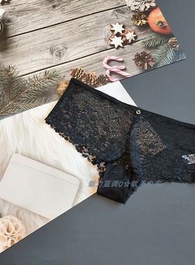 三95-165斤 法国TEX黑色镂空蕾丝水钻性感内裤中腰女包臀平角裤