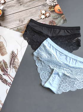 三110-155斤西班牙FSP浅轻蓝蕾丝薄冰丝性感女黑色高腰包臀三角裤