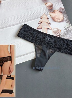 三95-110斤美国FLO黑色立体植绒刺绣透视网纱T裤性感低腰女丁字裤