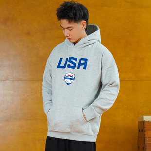 USA美国队盾牌篮球训练连帽卫衣秋冬加绒保暖美式运动休闲帽衫男