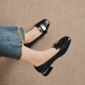 女金属扣粗跟浅口单鞋 时尚 百搭小皮鞋 Dfuse通勤风方头乐福鞋 女鞋