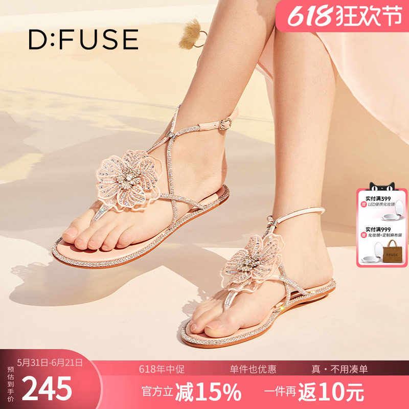 DFuse夏季款刺绣水晶花平底夹趾仙女凉拖鞋女
