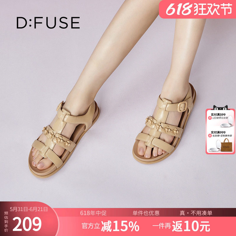 DFuse迪芙斯夏季新款羊皮圆头花链条厚底休闲凉鞋