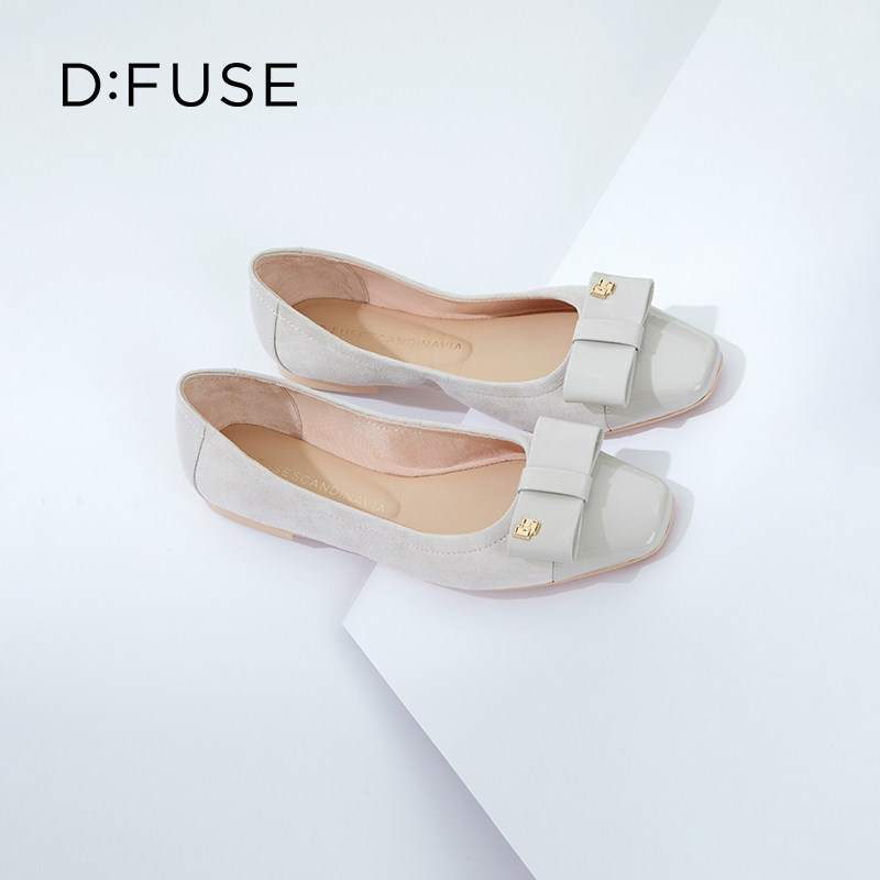 DFuse秋季新款方头绒面蝴蝶结蛋卷鞋单鞋温柔平底鞋女DF33111003