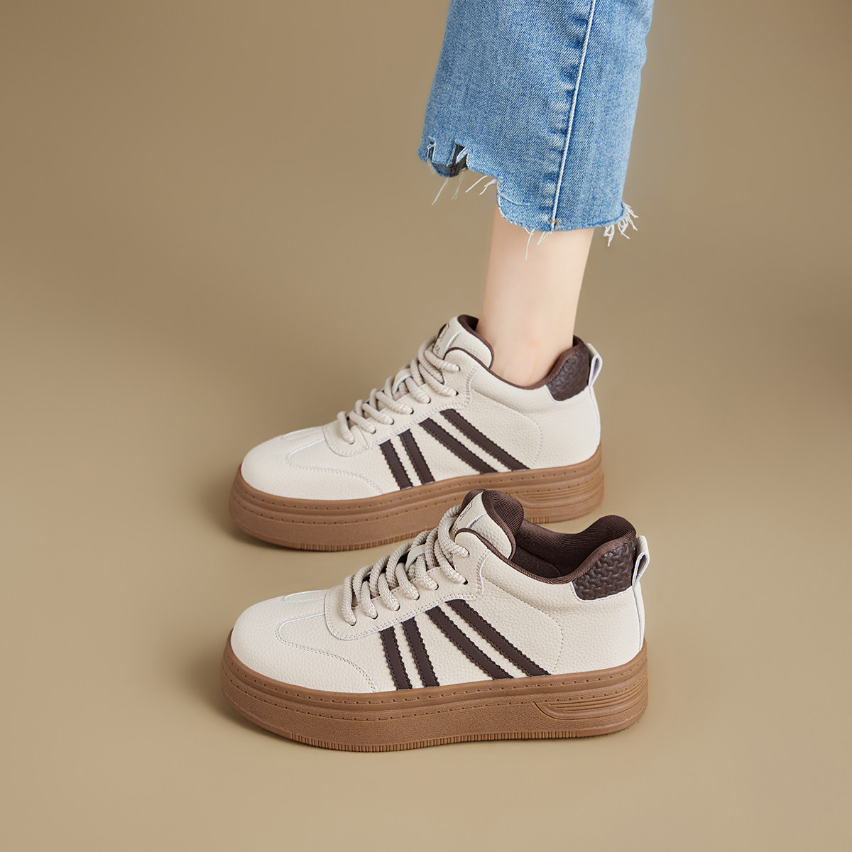 Dfuse复古德训鞋女厚底高帮板鞋女休闲百搭交叉绑带小白鞋运动鞋